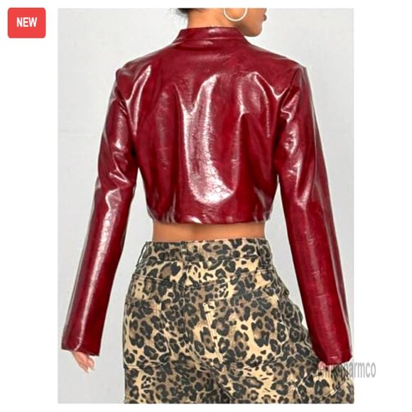 PU Leather Cropped Jacket Zip Up Mock Neck Long Sleeve Outerwear Streetwear Chic - Picture 2 of 5